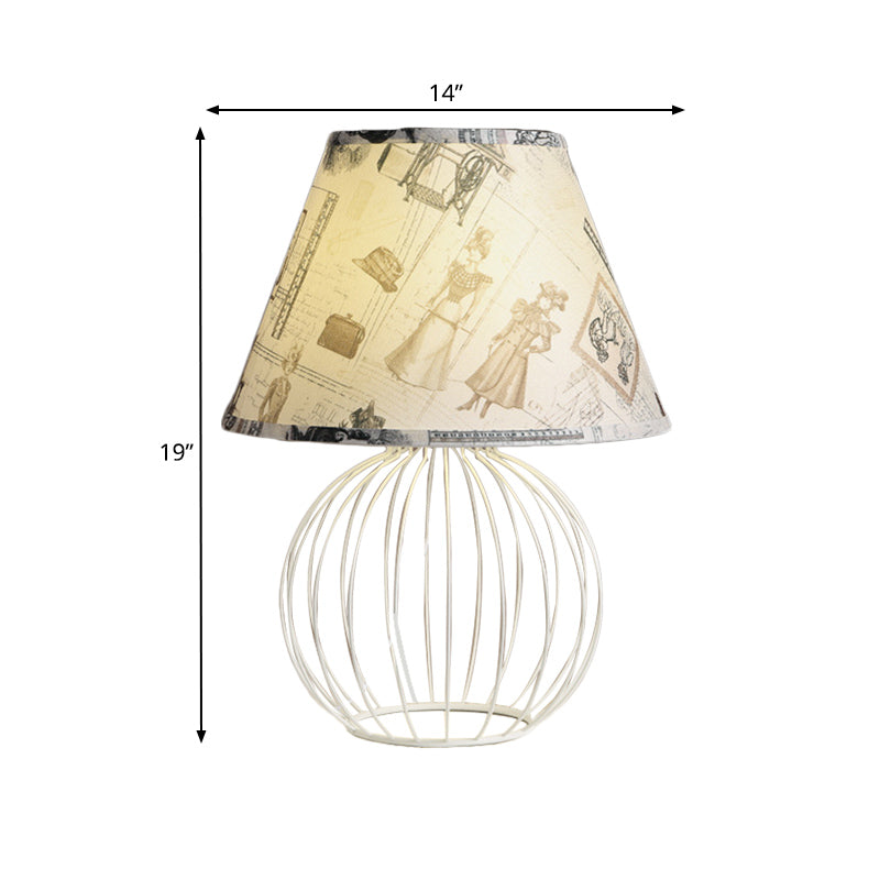 White 1-Light Desk Lamp Traditionalist Fabric Night Table Light with Spherical Wire Cage Base Clearhalo 'Lamps' 'Table Lamps' Lighting' 1454504