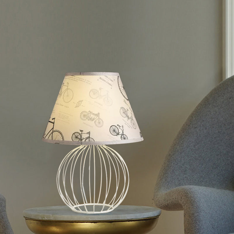 White 1-Light Desk Lamp Traditionalist Fabric Night Table Light with Spherical Wire Cage Base White A Clearhalo 'Lamps' 'Table Lamps' Lighting' 1454506