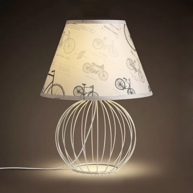 White 1-Light Desk Lamp Traditionalist Fabric Night Table Light with Spherical Wire Cage Base Clearhalo 'Lamps' 'Table Lamps' Lighting' 1454508