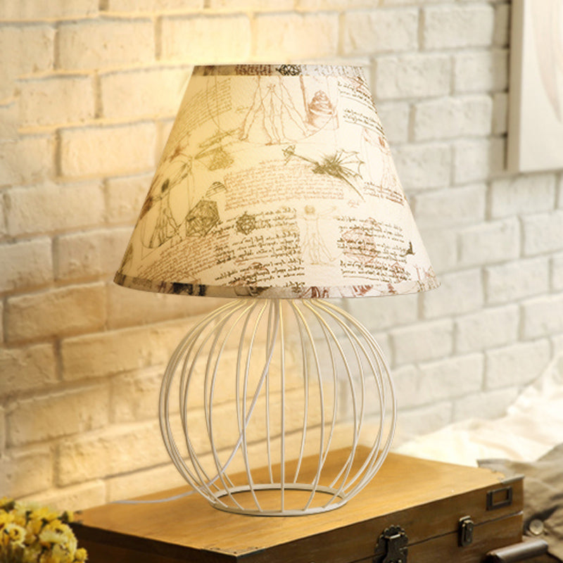 White 1-Light Desk Lamp Traditionalist Fabric Night Table Light with Spherical Wire Cage Base White C Clearhalo 'Lamps' 'Table Lamps' Lighting' 1454510