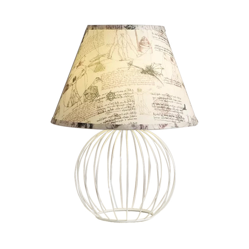 White 1-Light Desk Lamp Traditionalist Fabric Night Table Light with Spherical Wire Cage Base Clearhalo 'Lamps' 'Table Lamps' Lighting' 1454511