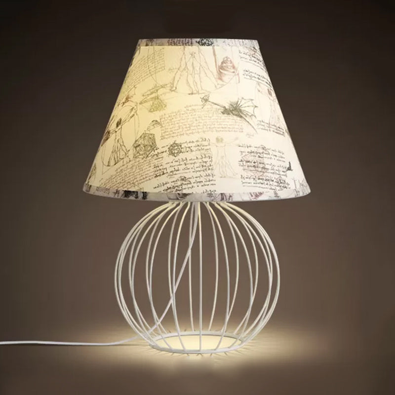 White 1-Light Desk Lamp Traditionalist Fabric Night Table Light with Spherical Wire Cage Base Clearhalo 'Lamps' 'Table Lamps' Lighting' 1454512