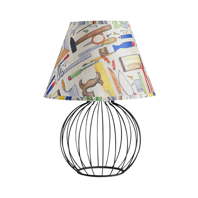 Bucket Living Room Desk Lighting Vintage Fabric 1 Light Black Nightstand Light with Orb Cage Base Clearhalo 'Lamps' 'Table Lamps' Lighting' 1454515