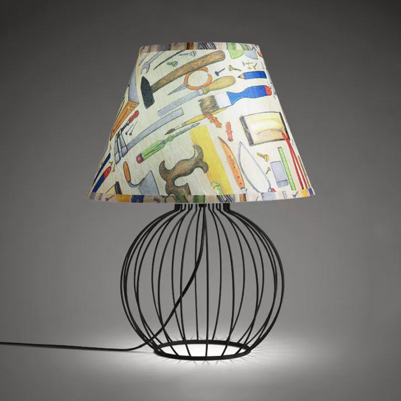Bucket Living Room Desk Lighting Vintage Fabric 1 Light Black Nightstand Light with Orb Cage Base Clearhalo 'Lamps' 'Table Lamps' Lighting' 1454516