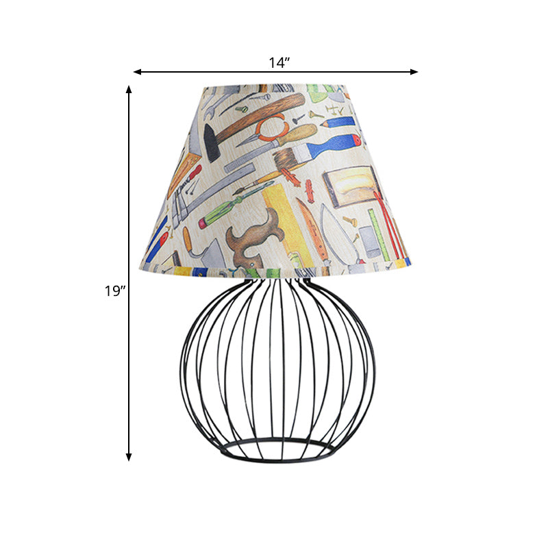 Bucket Living Room Desk Lighting Vintage Fabric 1 Light Black Nightstand Light with Orb Cage Base Clearhalo 'Lamps' 'Table Lamps' Lighting' 1454517