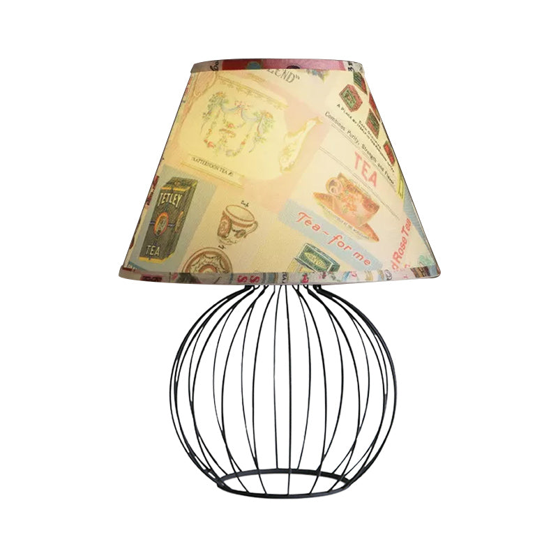 Bucket Living Room Desk Lighting Vintage Fabric 1 Light Black Nightstand Light with Orb Cage Base Clearhalo 'Lamps' 'Table Lamps' Lighting' 1454520
