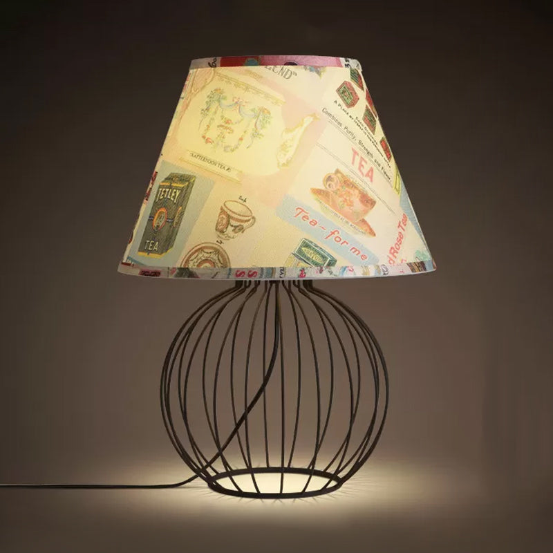Bucket Living Room Desk Lighting Vintage Fabric 1 Light Black Nightstand Light with Orb Cage Base Clearhalo 'Lamps' 'Table Lamps' Lighting' 1454521