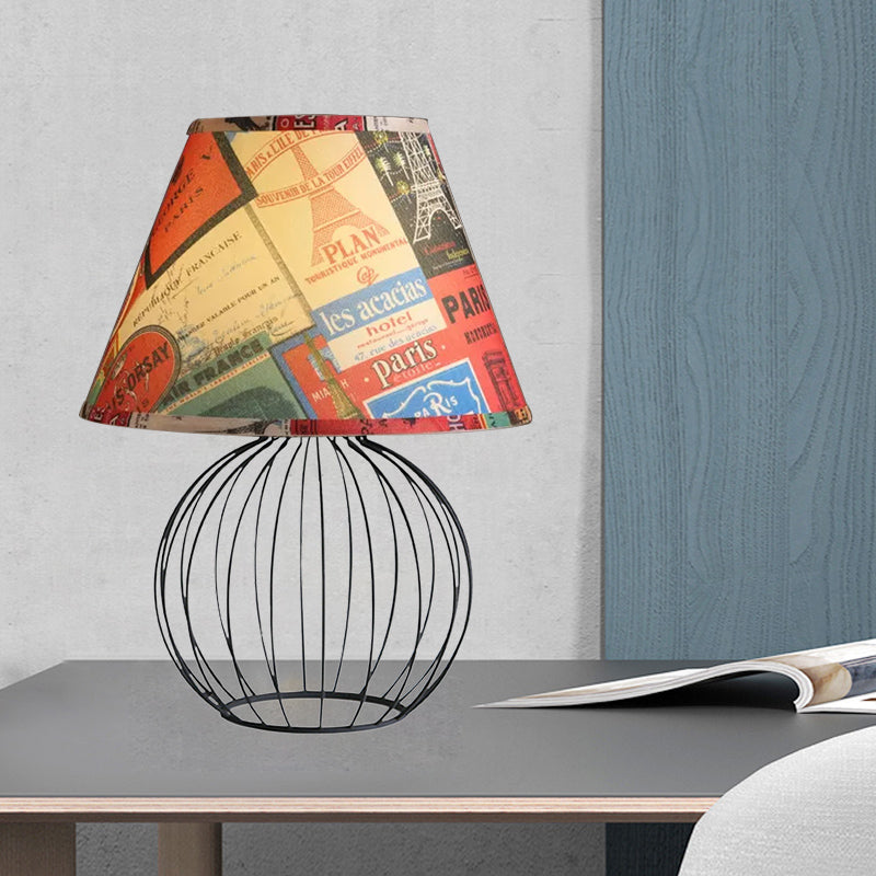 Bucket Living Room Desk Lighting Vintage Fabric 1 Light Black Nightstand Light with Orb Cage Base Clearhalo 'Lamps' 'Table Lamps' Lighting' 1454522