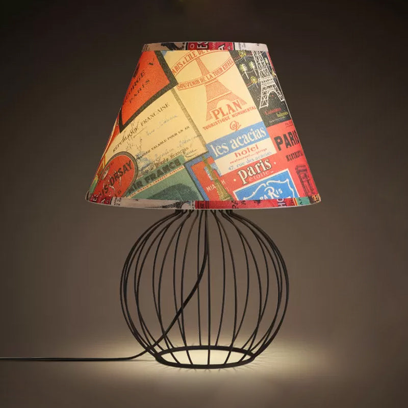 Bucket Living Room Desk Lighting Vintage Fabric 1 Light Black Nightstand Light with Orb Cage Base Clearhalo 'Lamps' 'Table Lamps' Lighting' 1454525