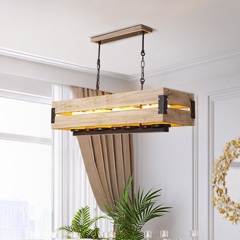 Rectangular Wooden Island Pendant Light Rustic 7 Lights Dining Room Hanging Lamp in Brown Clearhalo 'Ceiling Lights' 'Island Lights' Lighting' 1454527