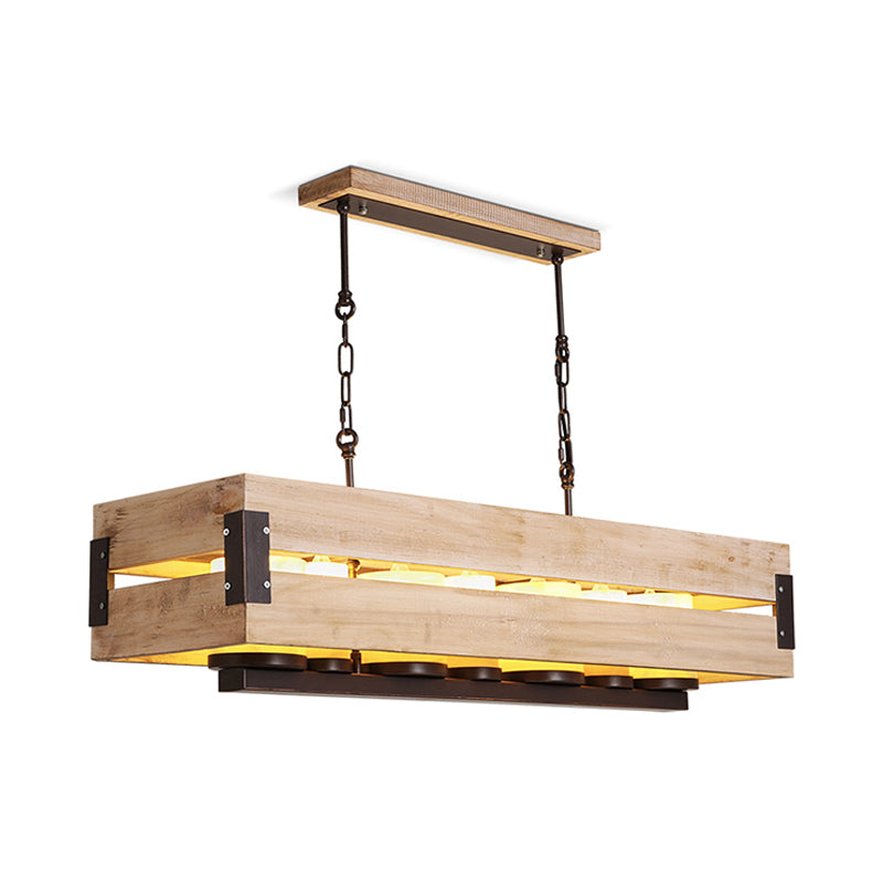 Rectangular Wooden Island Pendant Light Rustic 7 Lights Dining Room Hanging Lamp in Brown Clearhalo 'Ceiling Lights' 'Island Lights' Lighting' 1454529