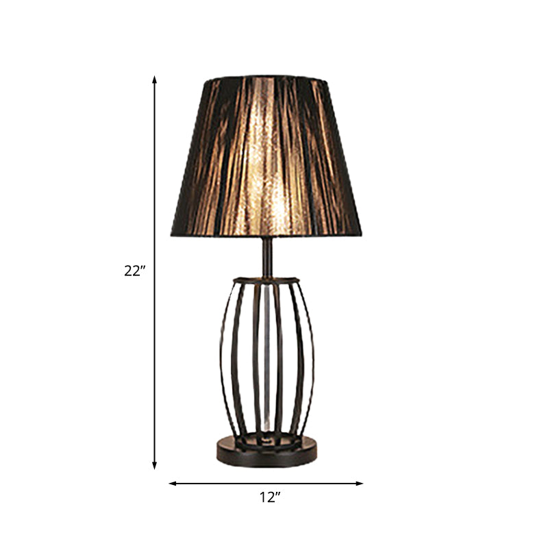 Black Bucket Night Table Lamp Traditional Fabric 1 Head Bedroom Nightstand Light with Round/Oval/Diamond Wire Cage Clearhalo 'Lamps' 'Table Lamps' Lighting' 1454654