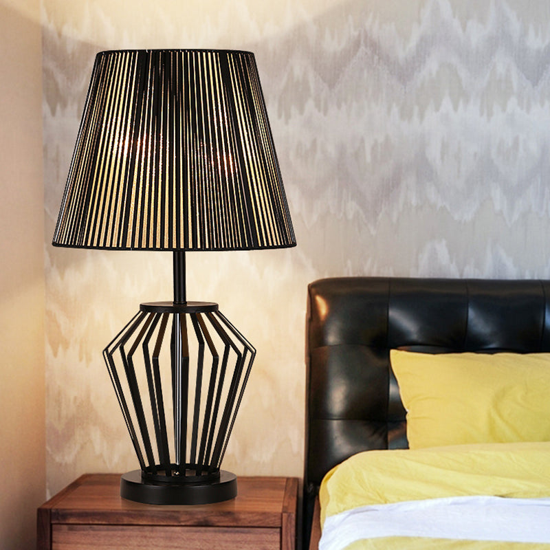 Black Bucket Night Table Lamp Traditional Fabric 1 Head Bedroom Nightstand Light with Round/Oval/Diamond Wire Cage Clearhalo 'Lamps' 'Table Lamps' Lighting' 1454657