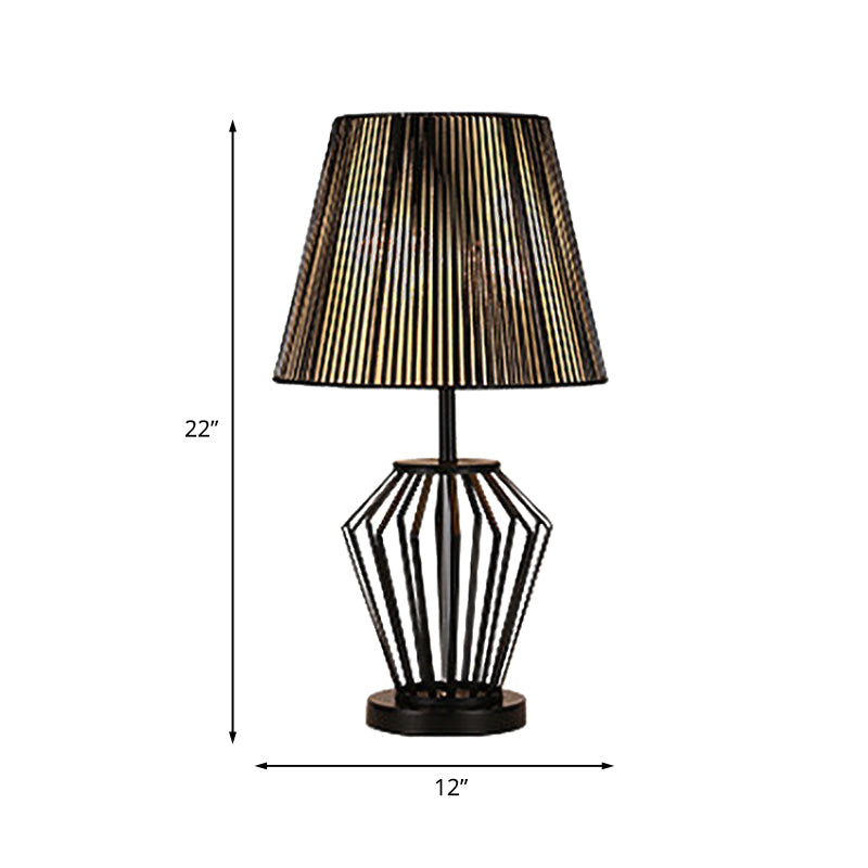 Black Bucket Night Table Lamp Traditional Fabric 1 Head Bedroom Nightstand Light with Round/Oval/Diamond Wire Cage Clearhalo 'Lamps' 'Table Lamps' Lighting' 1454659