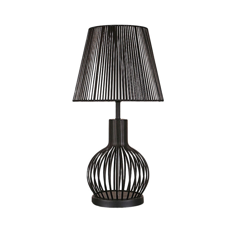 Black Bucket Night Table Lamp Traditional Fabric 1 Head Bedroom Nightstand Light with Round/Oval/Diamond Wire Cage Clearhalo 'Lamps' 'Table Lamps' Lighting' 1454663