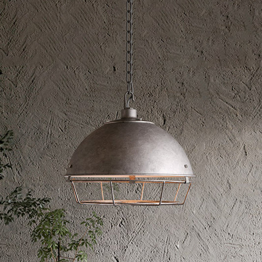 Aged Silver/Black 1-Bulb Pendant Industrial Iron Bowl Shape Hanging Light Fixture with Hooded Cage for Restaurant Aged Silver Clearhalo 'Art Deco Pendants' 'Black' 'Cast Iron' 'Ceiling Lights' 'Ceramic' 'Crystal' 'Industrial Pendants' 'Industrial' 'Metal' 'Middle Century Pendants' 'Pendant Lights' 'Pendants' 'Rustic Pendants' 'Tiffany' Lighting' 1454666