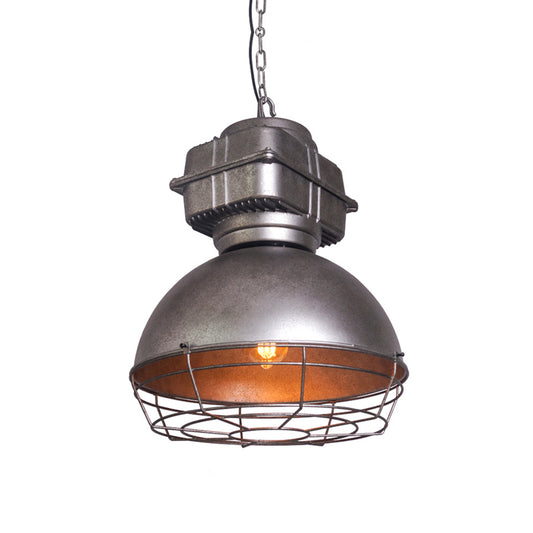 Aged Silver Bowl Ceiling Pendant Industrial Style Iron 1 Light Restaurant Drop Lamp with Wire Guard Clearhalo 'Art Deco Pendants' 'Cast Iron' 'Ceiling Lights' 'Ceramic' 'Crystal' 'Industrial Pendants' 'Industrial' 'Metal' 'Middle Century Pendants' 'Pendant Lights' 'Pendants' 'Tiffany' Lighting' 1454677