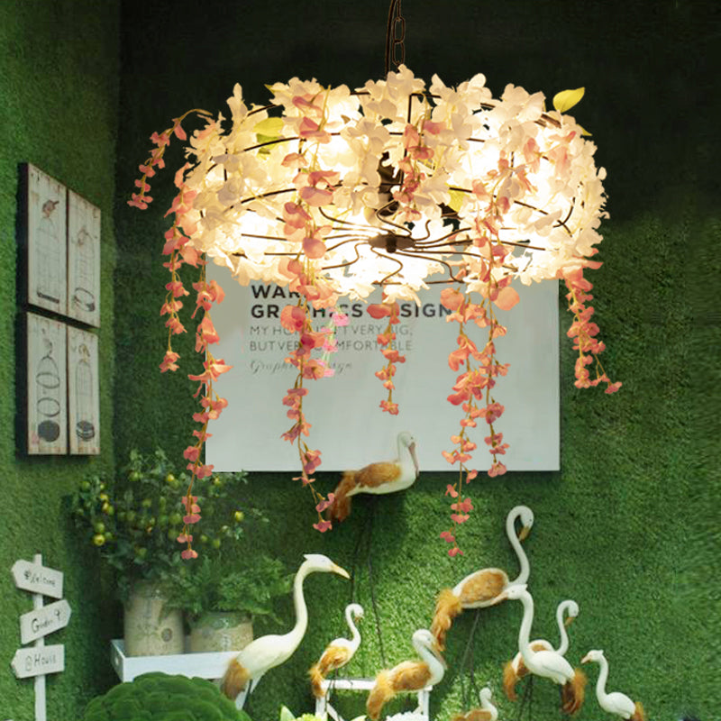 Iron Round Cage Chandelier Light Vintage 3/5-Light Restaurant Suspension Lamp in Black with Cherry Blossom Clearhalo 'Cast Iron' 'Ceiling Lights' 'Chandeliers' 'Industrial Chandeliers' 'Industrial' 'Metal' 'Middle Century Chandeliers' 'Rustic Chandeliers' 'Tiffany' Lighting' 1454766