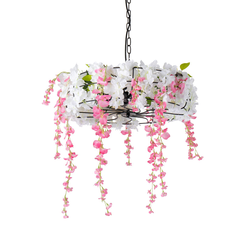 Iron Round Cage Chandelier Light Vintage 3/5-Light Restaurant Suspension Lamp in Black with Cherry Blossom Clearhalo 'Cast Iron' 'Ceiling Lights' 'Chandeliers' 'Industrial Chandeliers' 'Industrial' 'Metal' 'Middle Century Chandeliers' 'Rustic Chandeliers' 'Tiffany' Lighting' 1454767