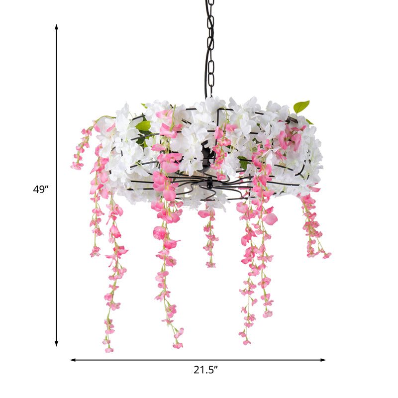 Iron Round Cage Chandelier Light Vintage 3/5-Light Restaurant Suspension Lamp in Black with Cherry Blossom Clearhalo 'Cast Iron' 'Ceiling Lights' 'Chandeliers' 'Industrial Chandeliers' 'Industrial' 'Metal' 'Middle Century Chandeliers' 'Rustic Chandeliers' 'Tiffany' Lighting' 1454768