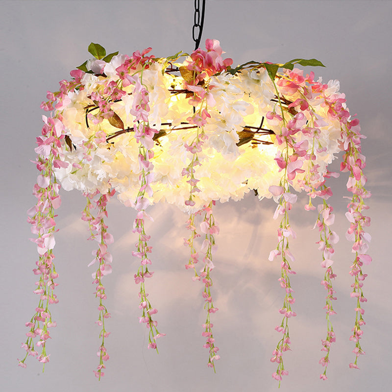 Iron Round Cage Chandelier Light Vintage 3/5-Light Restaurant Suspension Lamp in Black with Cherry Blossom Clearhalo 'Cast Iron' 'Ceiling Lights' 'Chandeliers' 'Industrial Chandeliers' 'Industrial' 'Metal' 'Middle Century Chandeliers' 'Rustic Chandeliers' 'Tiffany' Lighting' 1454769
