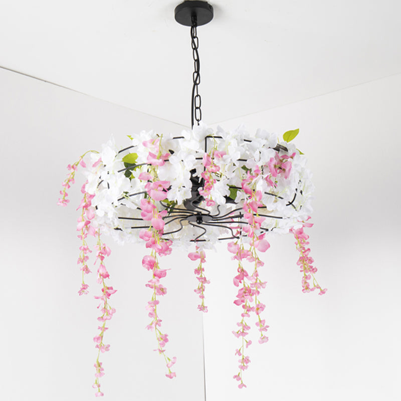 Iron Round Cage Chandelier Light Vintage 3/5-Light Restaurant Suspension Lamp in Black with Cherry Blossom Clearhalo 'Cast Iron' 'Ceiling Lights' 'Chandeliers' 'Industrial Chandeliers' 'Industrial' 'Metal' 'Middle Century Chandeliers' 'Rustic Chandeliers' 'Tiffany' Lighting' 1454771