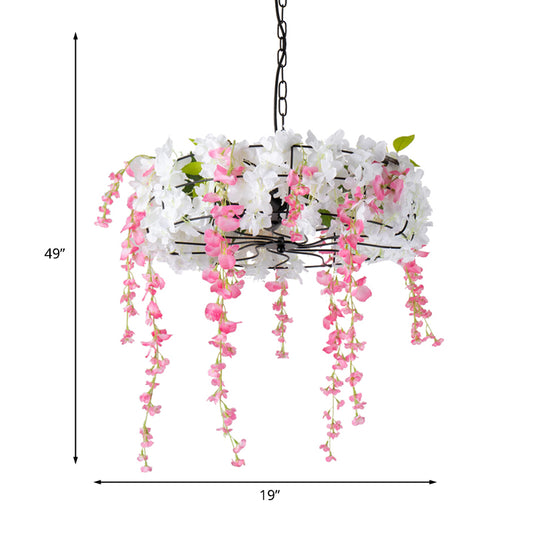 Iron Round Cage Chandelier Light Vintage 3/5-Light Restaurant Suspension Lamp in Black with Cherry Blossom Clearhalo 'Cast Iron' 'Ceiling Lights' 'Chandeliers' 'Industrial Chandeliers' 'Industrial' 'Metal' 'Middle Century Chandeliers' 'Rustic Chandeliers' 'Tiffany' Lighting' 1454773