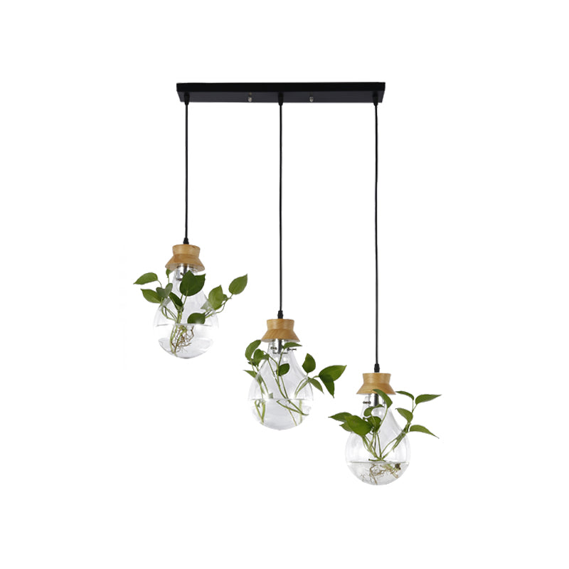 3 Heads Bulb Shape Cluster Pendant Vintage Wood Clear Glass Hanging Light Fixture with Round/Linear Canopy Clearhalo 'Ceiling Lights' 'Close To Ceiling Lights' 'Glass shade' 'Glass' 'Industrial Pendants' 'Industrial' 'Middle Century Pendants' 'Pendant Lights' 'Pendants' 'Tiffany' Lighting' 1454782