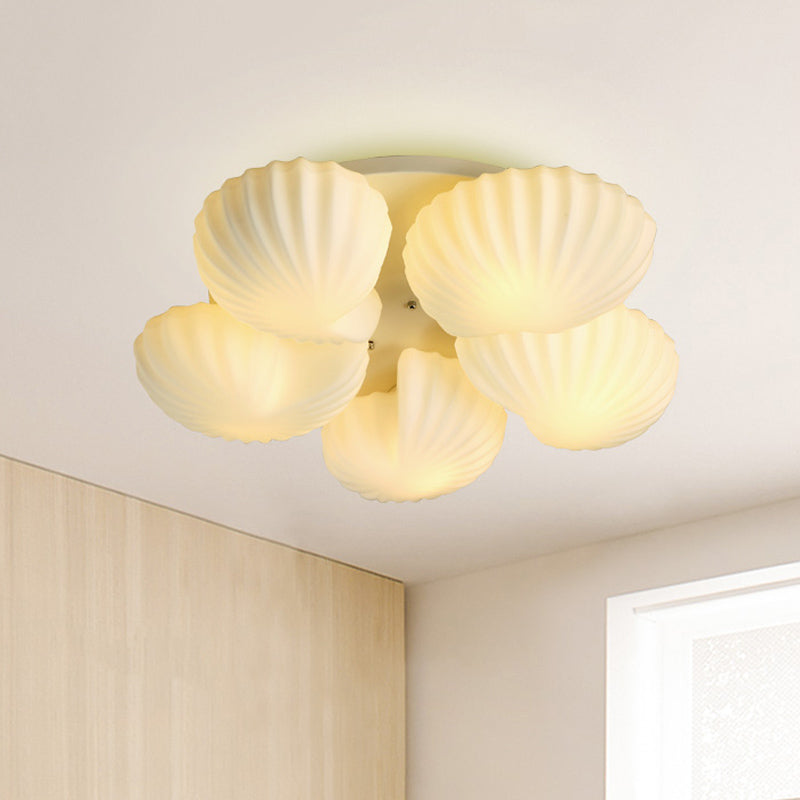 Contemporary 5-Light Ceiling Lamp Frosted White Glass Scallop Shell Semi Mount Lighting