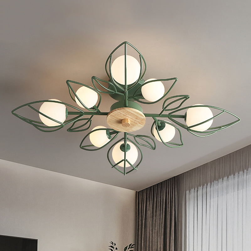 Green Wire Petals Flush Chandelier Nordic 8-Light Metallic Semi Flush Mount Ceiling Light with Orb Glass Shade Green Clearhalo 'Ceiling Lights' 'Close To Ceiling Lights' 'Close to ceiling' 'Glass shade' 'Glass' 'Semi-flushmount' Lighting' 1454799
