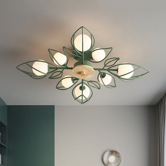 Green Wire Petals Flush Chandelier Nordic 8-Light Metallic Semi Flush Mount Ceiling Light with Orb Glass Shade Clearhalo 'Ceiling Lights' 'Close To Ceiling Lights' 'Close to ceiling' 'Glass shade' 'Glass' 'Semi-flushmount' Lighting' 1454800