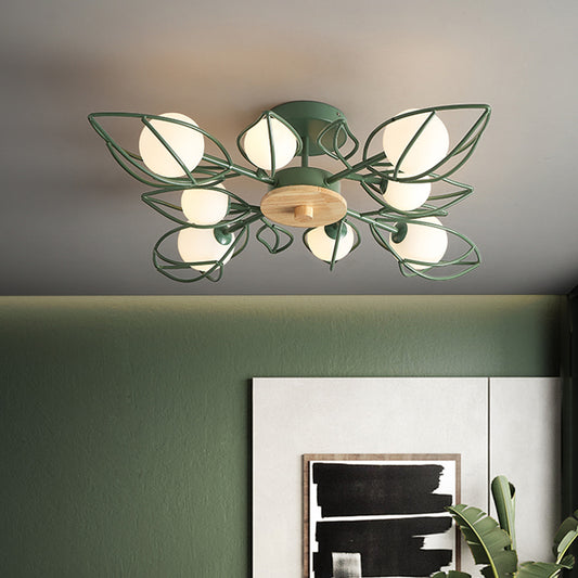 Green Wire Petals Flush Chandelier Nordic 8-Light Metallic Semi Flush Mount Ceiling Light with Orb Glass Shade Clearhalo 'Ceiling Lights' 'Close To Ceiling Lights' 'Close to ceiling' 'Glass shade' 'Glass' 'Semi-flushmount' Lighting' 1454801
