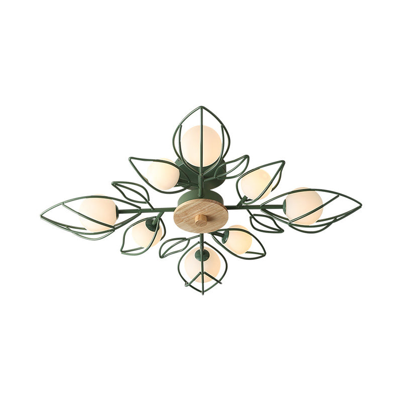 Green Wire Petals Flush Chandelier Nordic 8-Light Metallic Semi Flush Mount Ceiling Light with Orb Glass Shade Clearhalo 'Ceiling Lights' 'Close To Ceiling Lights' 'Close to ceiling' 'Glass shade' 'Glass' 'Semi-flushmount' Lighting' 1454802