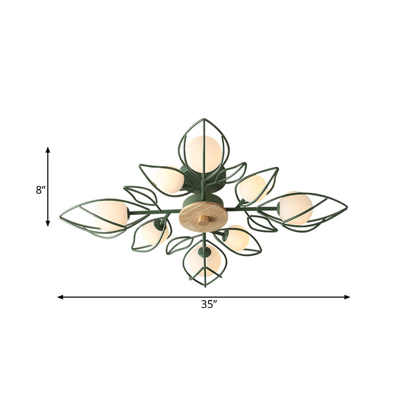 Green Wire Petals Flush Chandelier Nordic 8-Light Metallic Semi Flush Mount Ceiling Light with Orb Glass Shade Clearhalo 'Ceiling Lights' 'Close To Ceiling Lights' 'Close to ceiling' 'Glass shade' 'Glass' 'Semi-flushmount' Lighting' 1454803