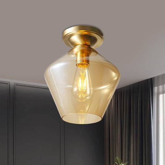 Diamond Shaped Flush Mount Mid Century Cognac Glass Single 9"/15" Wide Brass Ceiling Lamp Brass 9" Clearhalo 'Ceiling Lights' 'Close To Ceiling Lights' 'Close to ceiling' 'Flush mount' Lighting' 1454804
