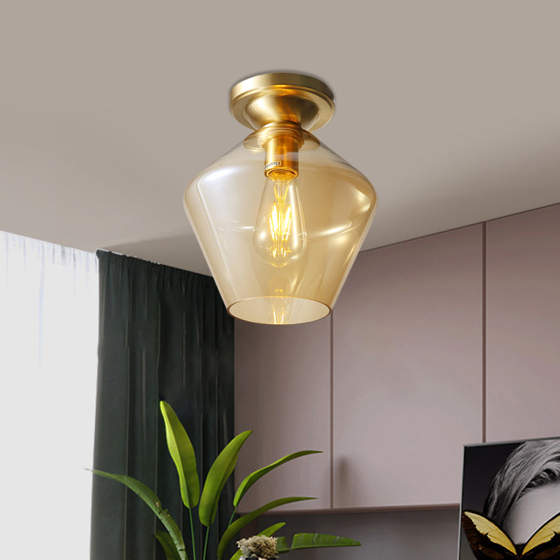 Diamond Shaped Flush Mount Mid Century Cognac Glass Single 9"/15" Wide Brass Ceiling Lamp Clearhalo 'Ceiling Lights' 'Close To Ceiling Lights' 'Close to ceiling' 'Flush mount' Lighting' 1454806