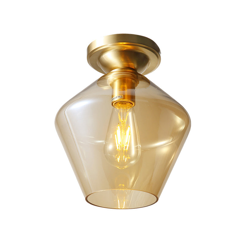 Diamond Shaped Flush Mount Mid Century Cognac Glass Single 9"/15" Wide Brass Ceiling Lamp Clearhalo 'Ceiling Lights' 'Close To Ceiling Lights' 'Close to ceiling' 'Flush mount' Lighting' 1454807