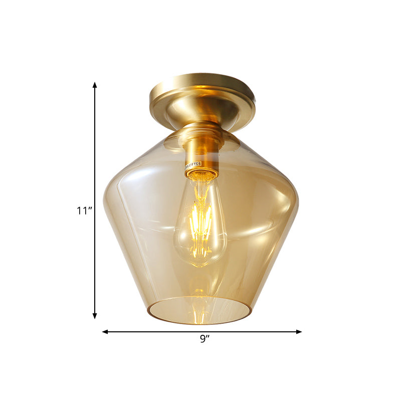 Diamond Shaped Flush Mount Mid Century Cognac Glass Single 9"/15" Wide Brass Ceiling Lamp Clearhalo 'Ceiling Lights' 'Close To Ceiling Lights' 'Close to ceiling' 'Flush mount' Lighting' 1454808