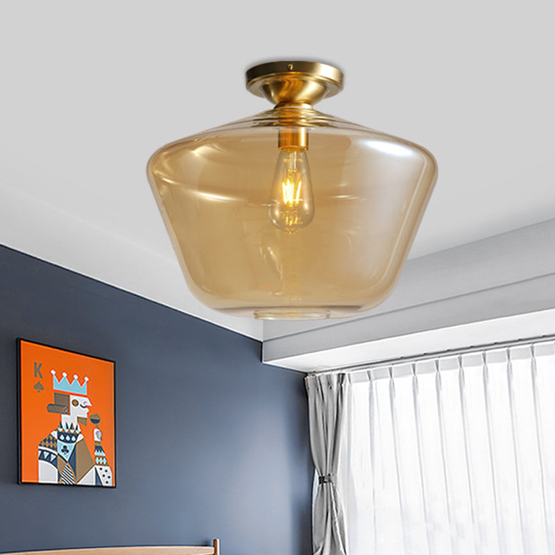 Diamond Shaped Flush Mount Mid Century Cognac Glass Single 9"/15" Wide Brass Ceiling Lamp