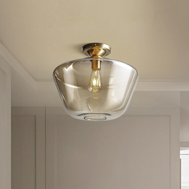 Diamond Shaped Flush Mount Mid Century Cognac Glass Single 9"/15" Wide Brass Ceiling Lamp