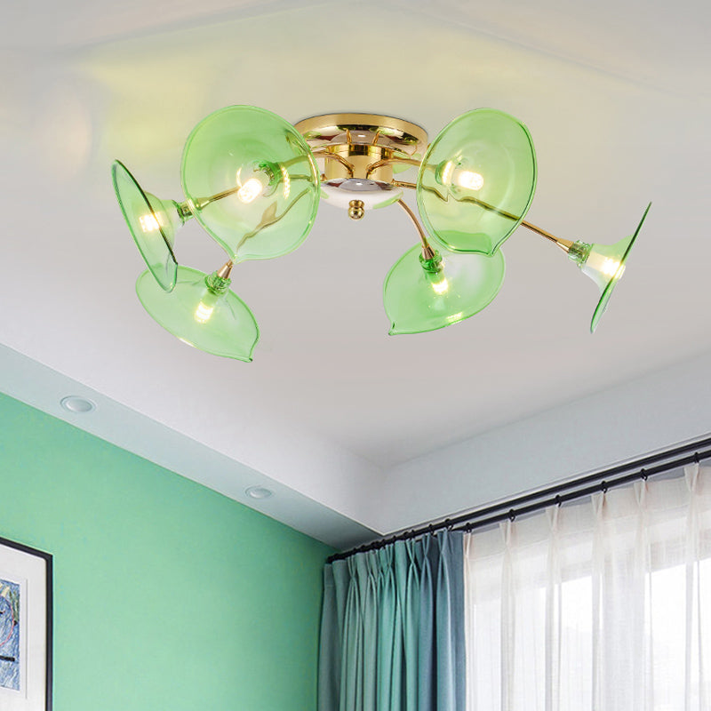 Vintage 6 Lights Ceiling Lamp Metal Brass Branchlet Semi-Flush Light Fixture with Flare Green/Cognac Glass Shade Clearhalo 'Ceiling Lights' 'Close To Ceiling Lights' 'Close to ceiling' 'Glass shade' 'Glass' 'Semi-flushmount' Lighting' 1454824