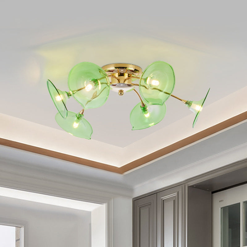 Vintage 6 Lights Ceiling Lamp Metal Brass Branchlet Semi-Flush Light Fixture with Flare Green/Cognac Glass Shade Clearhalo 'Ceiling Lights' 'Close To Ceiling Lights' 'Close to ceiling' 'Glass shade' 'Glass' 'Semi-flushmount' Lighting' 1454825