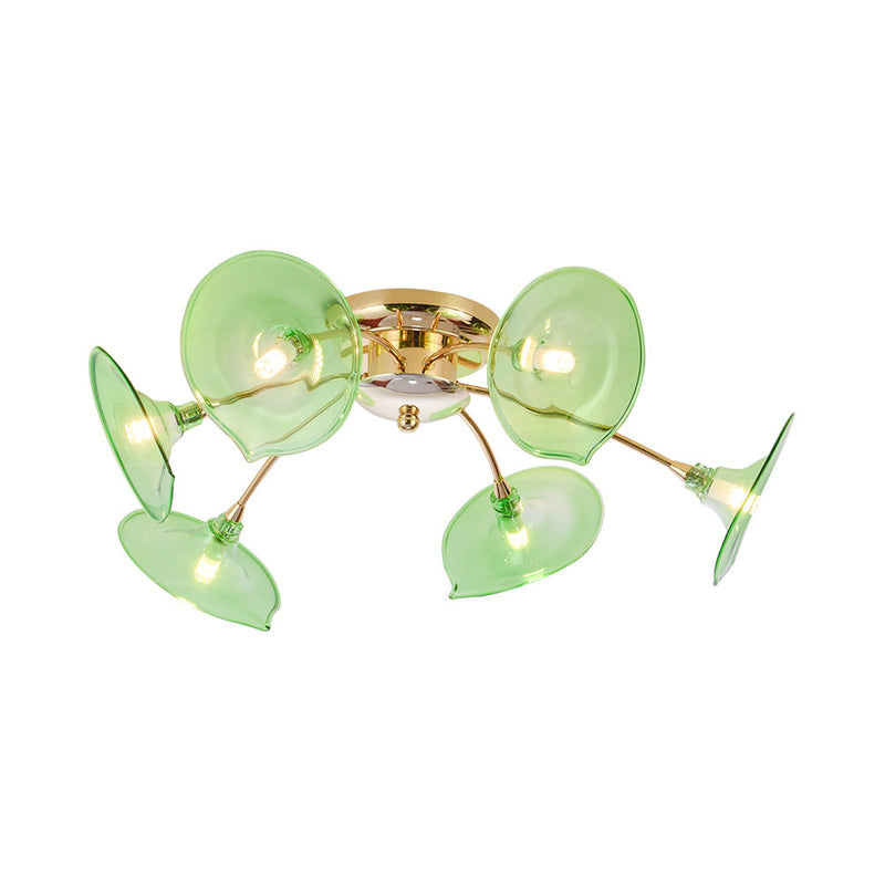 Vintage 6 Lights Ceiling Lamp Metal Brass Branchlet Semi-Flush Light Fixture with Flare Green/Cognac Glass Shade Clearhalo 'Ceiling Lights' 'Close To Ceiling Lights' 'Close to ceiling' 'Glass shade' 'Glass' 'Semi-flushmount' Lighting' 1454826