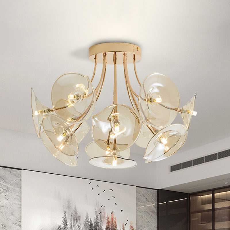 Wide Flare Amber Glass Semi Flush Light Mid-Century 13 Bulbs Gold Finish Ceiling Fixture for Living Room Amber Clearhalo 'Ceiling Lights' 'Close To Ceiling Lights' 'Close to ceiling' 'Glass shade' 'Glass' 'Semi-flushmount' Lighting' 1454832