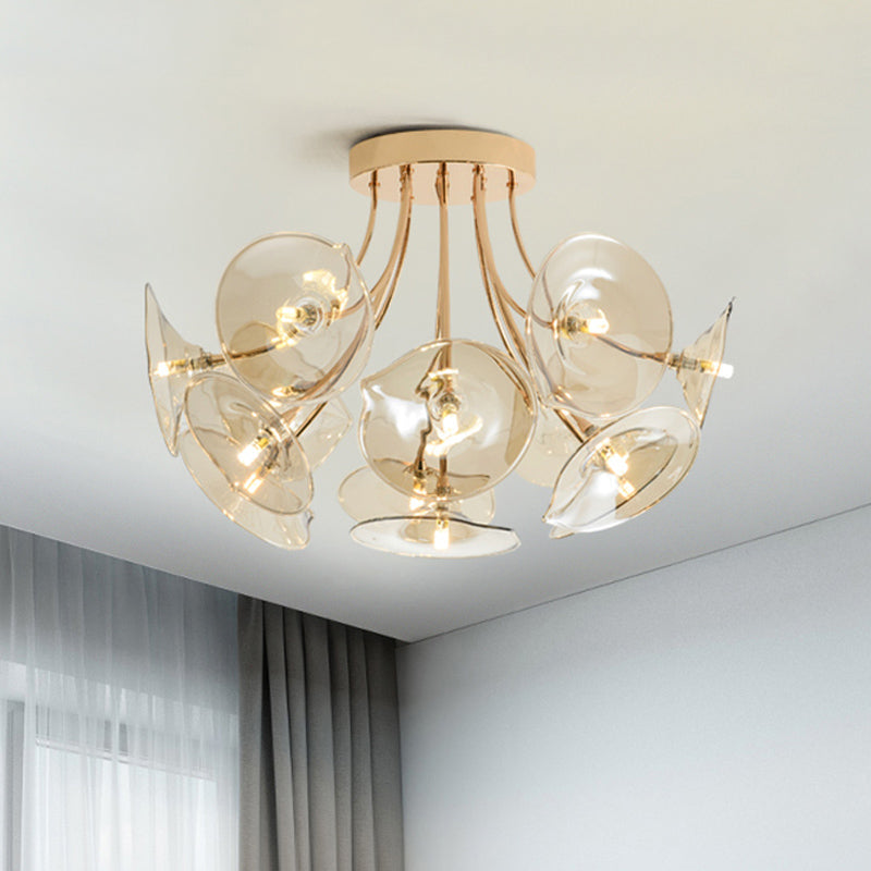 Wide Flare Amber Glass Semi Flush Light Mid-Century 13 Bulbs Gold Finish Ceiling Fixture for Living Room