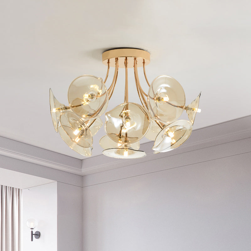 Wide Flare Amber Glass Semi Flush Light Mid-Century 13 Bulbs Gold Finish Ceiling Fixture for Living Room