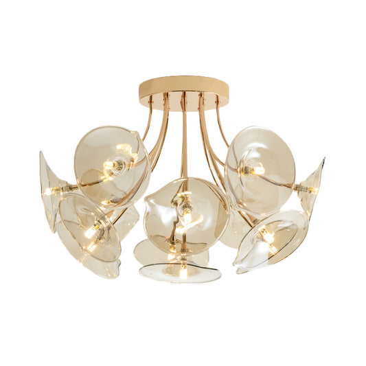 Wide Flare Amber Glass Semi Flush Light Mid-Century 13 Bulbs Gold Finish Ceiling Fixture for Living Room Clearhalo 'Ceiling Lights' 'Close To Ceiling Lights' 'Close to ceiling' 'Glass shade' 'Glass' 'Semi-flushmount' Lighting' 1454835