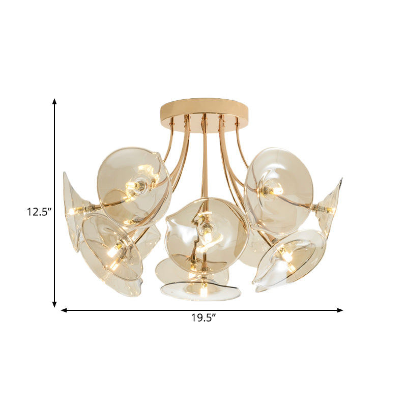 Wide Flare Amber Glass Semi Flush Light Mid-Century 13 Bulbs Gold Finish Ceiling Fixture for Living Room Clearhalo 'Ceiling Lights' 'Close To Ceiling Lights' 'Close to ceiling' 'Glass shade' 'Glass' 'Semi-flushmount' Lighting' 1454836