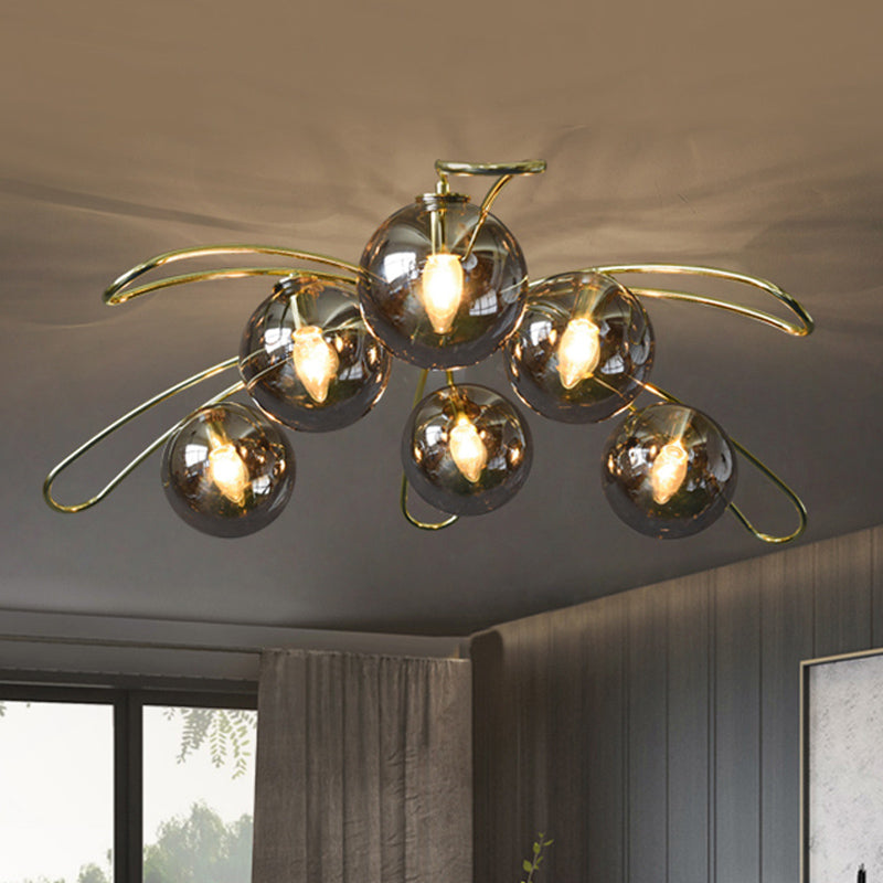Smoke Glass Ball Flush Chandelier Mid Century 6 Lights Brass Ceiling Mount Lamp with Branch Design Smoke Gray Clearhalo 'Ceiling Lights' 'Close To Ceiling Lights' 'Close to ceiling' 'Glass shade' 'Glass' 'Semi-flushmount' Lighting' 1454847