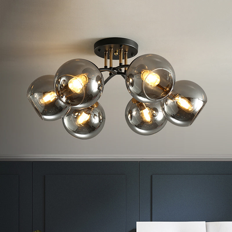 6 Heads Hotel Semi Flush Mount Vintage Black Ceiling Lighting with Orb Smoke/Clear Glass Shade Smoke Gray Clearhalo 'Ceiling Lights' 'Close To Ceiling Lights' 'Close to ceiling' 'Glass shade' 'Glass' 'Pendant Lights' 'Semi-flushmount' Lighting' 1454852